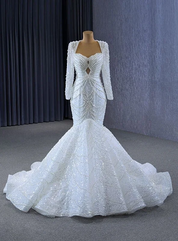 White Mermaid Sequins Backless Pearls Wedding Dress Strapless Bridal Dress