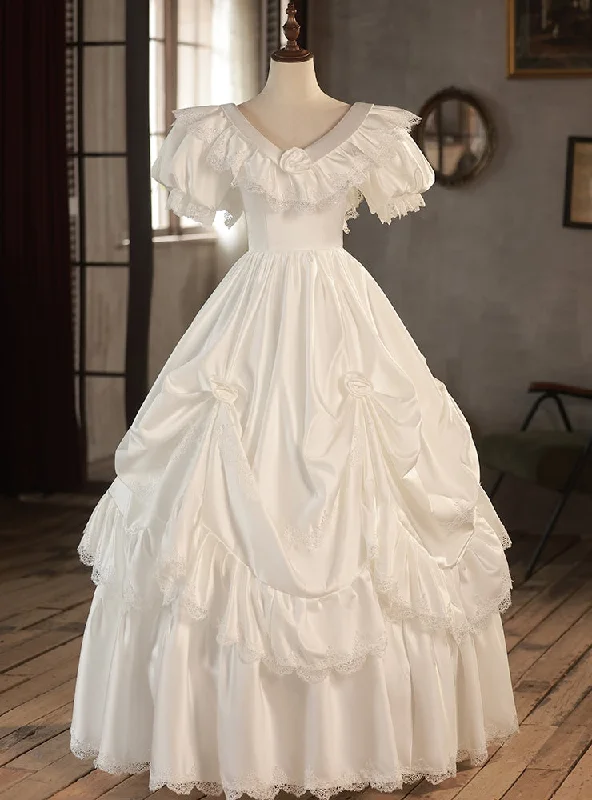 White Satin Lace Short Sleeve Wedding Dress Satin Bridal Gown