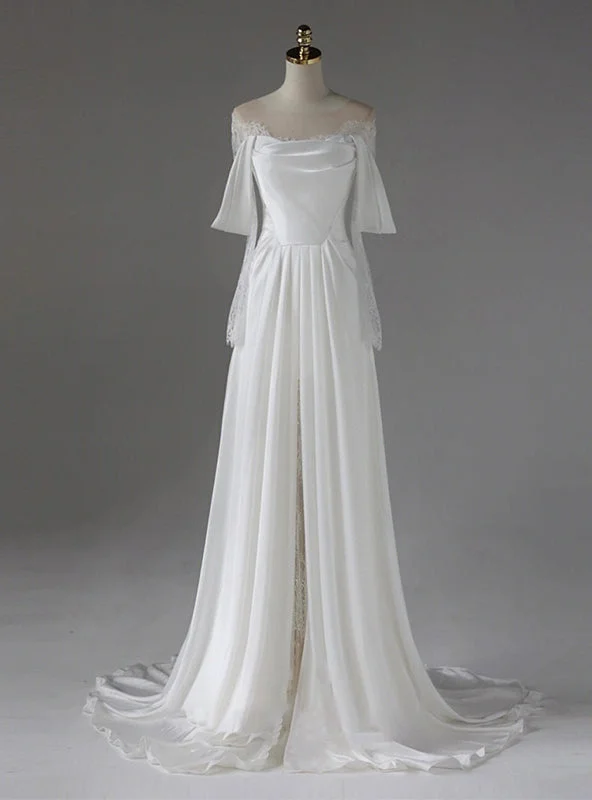 White Satin Lace Wedding Dress Full Length Gown