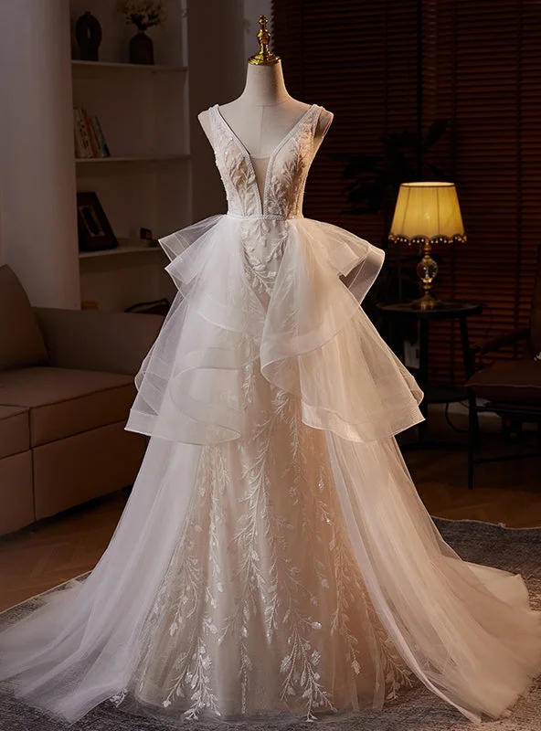 White Tulle V-neck Sequins Wedding Dress Modern Bridal Gown