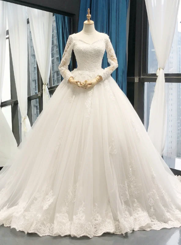 White V-neck Ball Gown Tulle Appliques Long Sleeve Wedding Dress Soft Wedding Gown