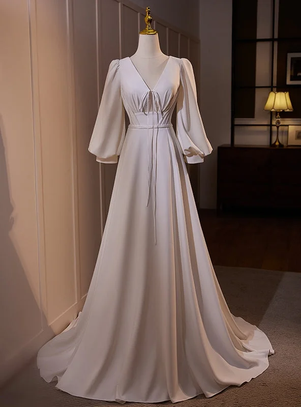 White V-neck Puff Sleeve Wedding Dress Beaded Wedding Gown