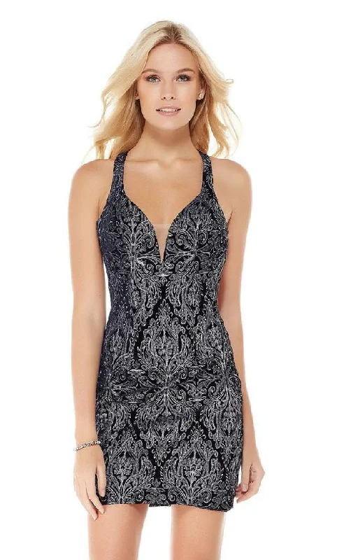 Alyce Paris - 4041 Velvet Deep V-neck Sheath Cocktail Dress - 1 pc Navy/Silver In Size 00 Available Birthday party dresses