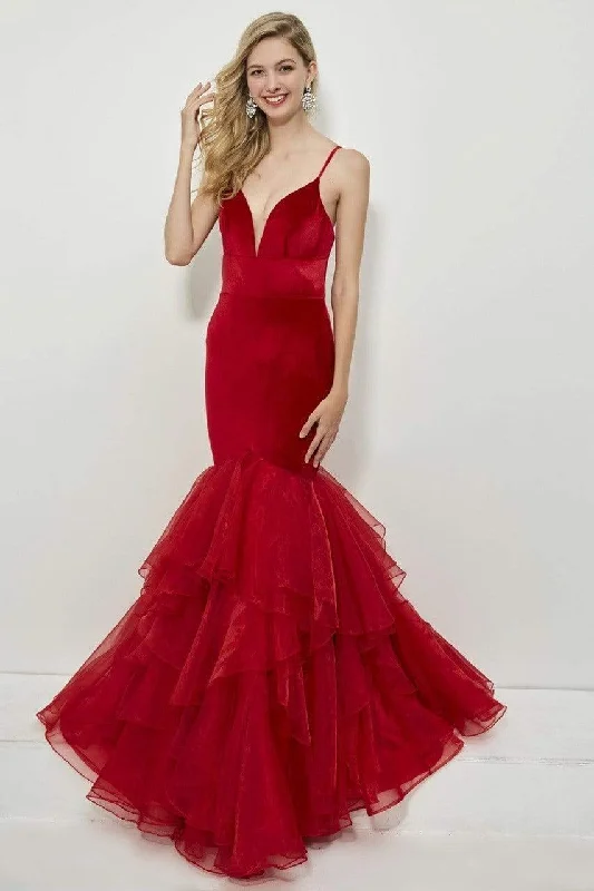 Angela & Alison - 81091 Sleeveless V-neck Tiered Mermaid Gown - 1 pc Crimson In Size 2 Available Engagement party dresses