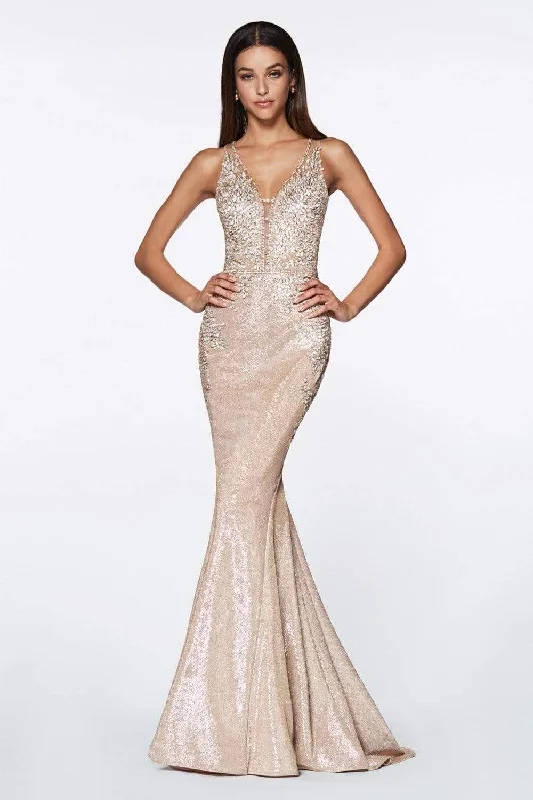 Cinderella Divine - Jeweled Floral Plunging Metallic Mermaid Gown CJ504 - 1 pc Champagne in Sizes 6 Available Best party dresses for cocktail parties