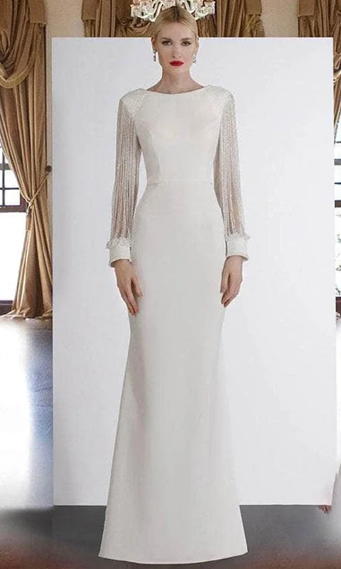 Janique - BSH-001 Bead-Draped Long Sleeve Sheath Gown In Ivory Tiered party dresses