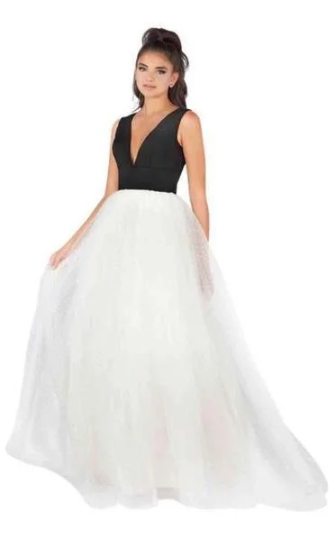 Mac Duggal - Sleeveless Jersey Swiss Dot Skirt Gown 66738L - 1 pc Black/White In Size 12 Available Satin party dresses