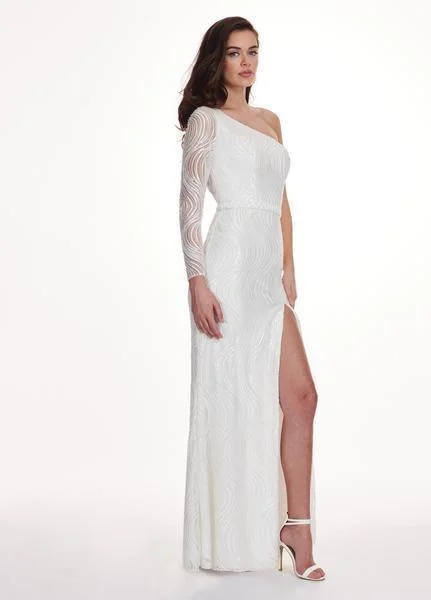 Rachel Allan - 6468 Asymmetrical Neck One Shoulder Long Sleeved Slit Evening Gown - 1 pc White In Size 04 Available Summer party dresses