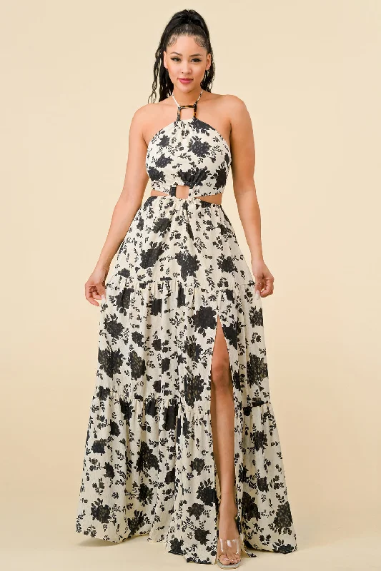 Long Halter Neck Printed Maxi Dress Edgy maxi dresses