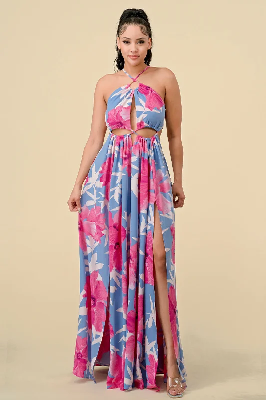 Long Halter Printed Slit Maxi Dress Vintage maxi dresses