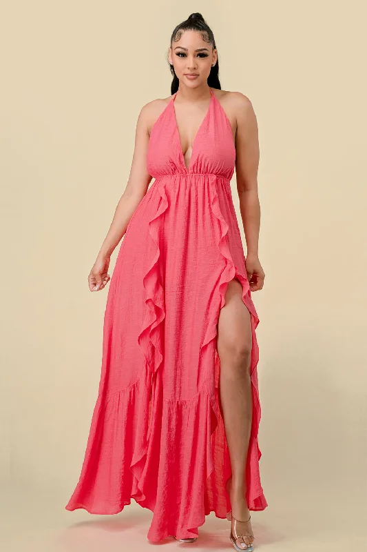 Long Halter Ruffled Slit Maxi Dress Wedding guest maxi dresses