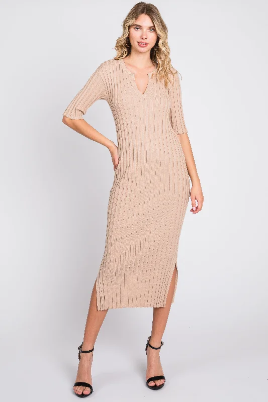 Beige Ribbed Knit Midi Dress Cocktail midi dresses