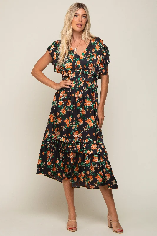 Black Floral Satin Ruffle Midi Dress Flowy midi dresses