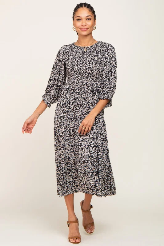 Black Floral Smocked 3/4 Sleeve Midi Dress Sequin midi dresses