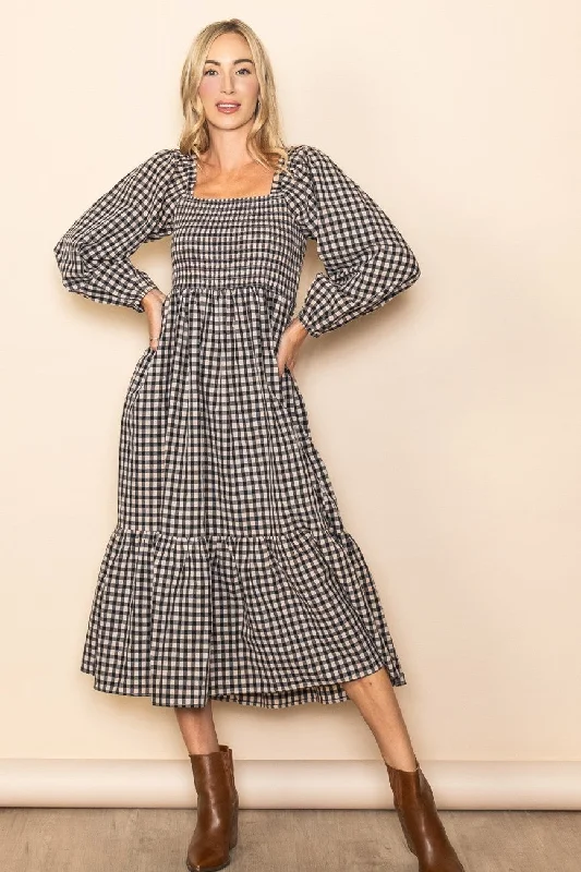 Black Gingham Long Sleeve Midi Dress Long sleeve midi dresses