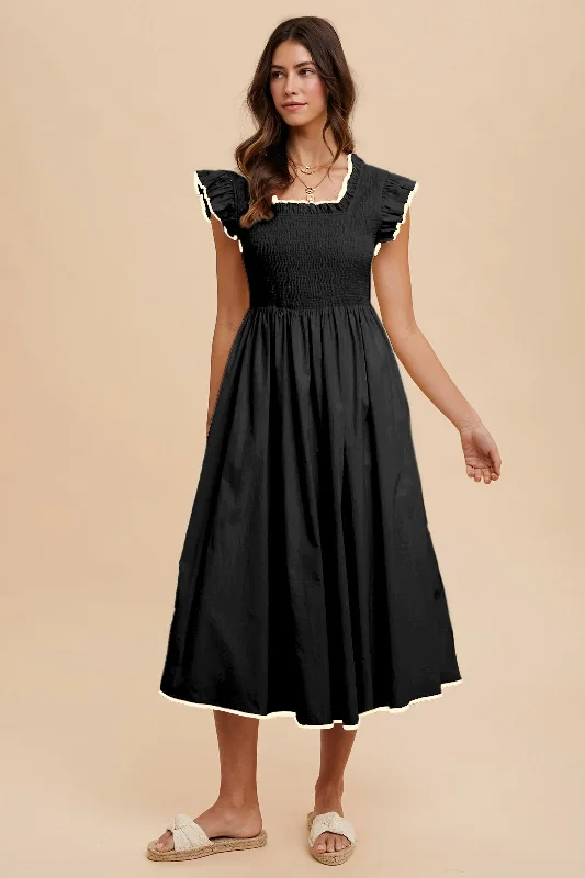 Black Ivory Contrast Binding Detail Smocking Midi Dress Lightweight midi dresses for hot weather