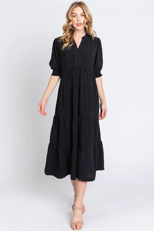 Black Short Sleeve Tiered Midi Dress High-end midi dresses