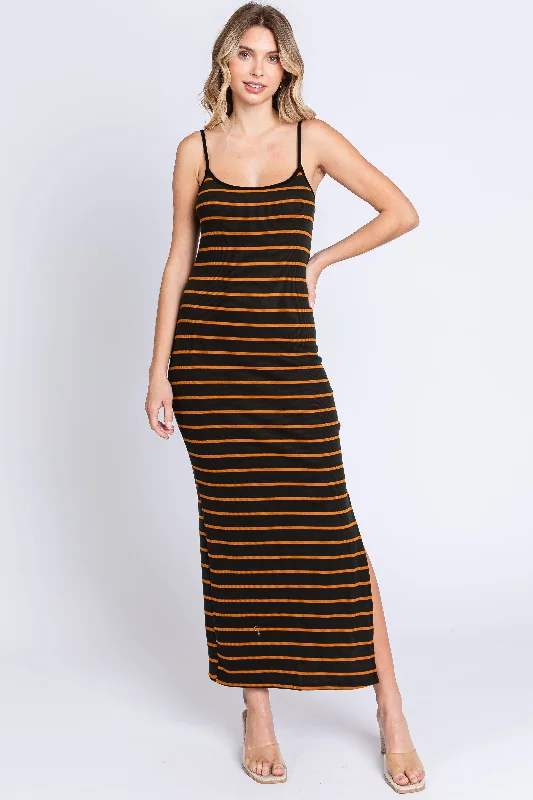 Black Striped Ribbed Side Slit Midi Dress Glamorous midi dresses