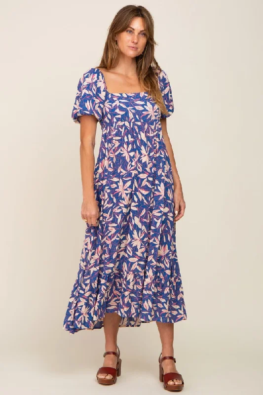 Blue Floral Puff Sleeve Midi Dress Office midi dresses