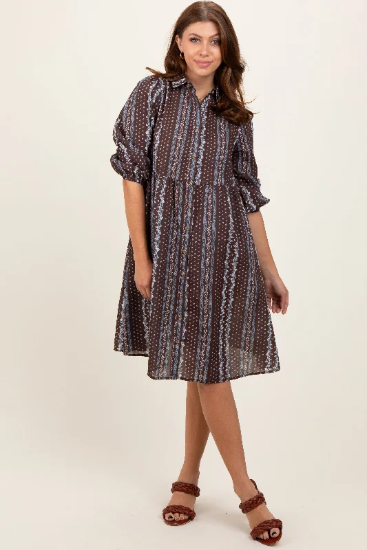 Brown Floral Striped Button Down Midi Dress Fashion-forward midi dresses