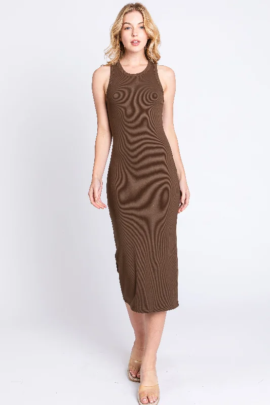 Brown Sleeveless Ribbed Fitted Midi Dress Urban Outfitters midi dresses