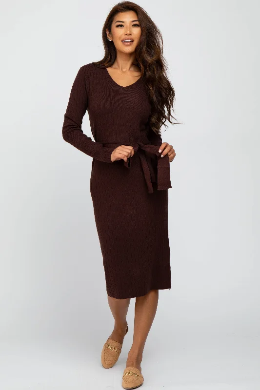 Brown Tie Front Sweater Midi Dress Shein midi dresses