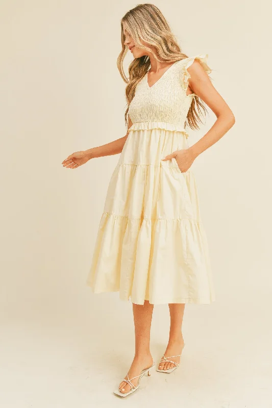 Cream Smocked Flutter Sleeve Tiered Midi Dress Ruffled midi dresses