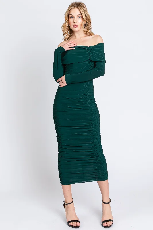 Forest Green Off Shoulder Mesh Ruched Midi Dress Goth midi dresses