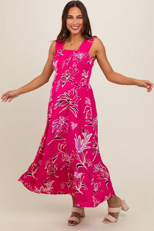 Fuchsia Floral Smocked Maternity Midi Dress Wrap midi dresses