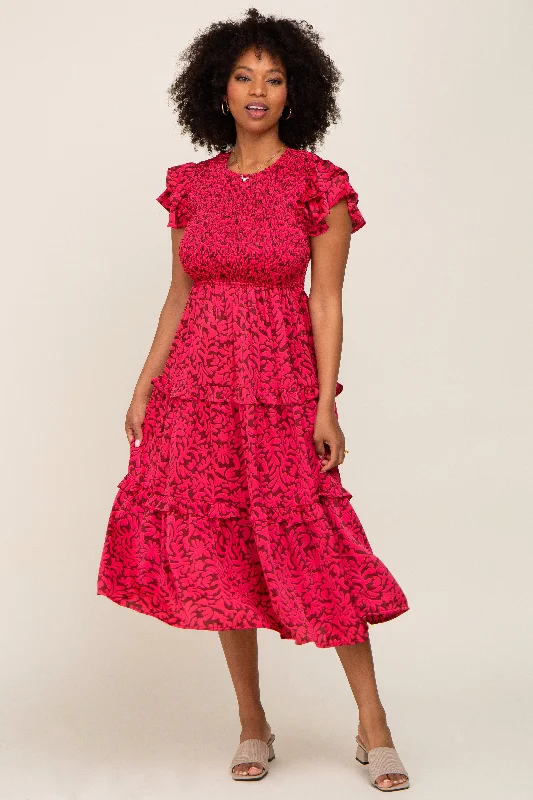 Fuchsia Print Smocked Ruffle Tiered Midi Dress Velvet midi dresses