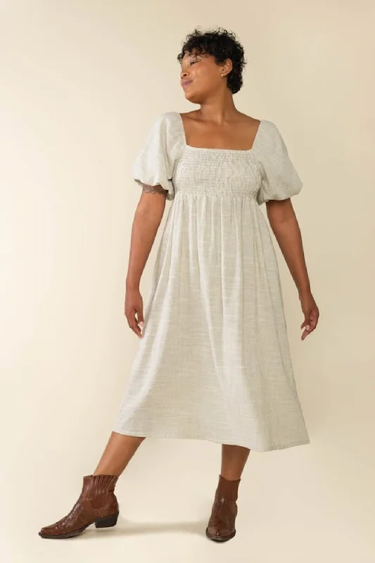 Ivory Striped Linen Smocked Short Puff Sleeve Plus Midi Dress Vacation midi dresses