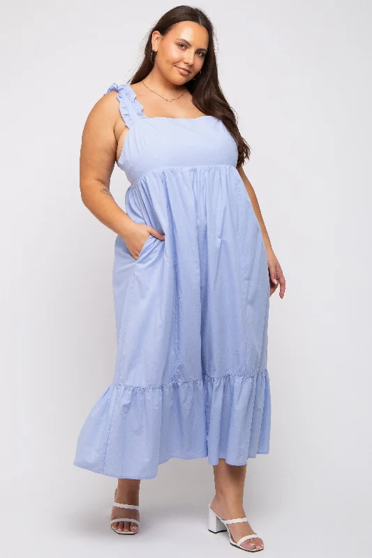 Light Blue Ruffle Strap Back Tie Plus Midi Dress Chic midi dresses