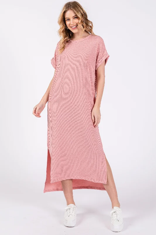 Light Pink Ribbed Short Sleeve Midi Dress H&M midi dresses