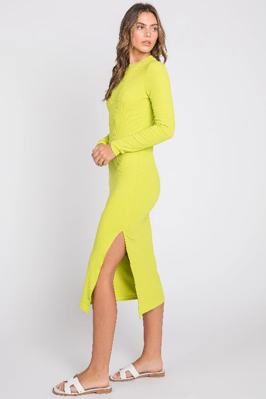 Lime Ribbed Mock Neck Long Sleeve Midi Dress Denim midi dresses