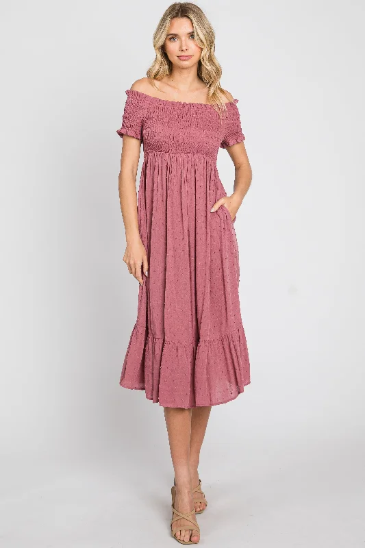 Mauve Off Shoulder Smocked Midi Dress Elegant midi dresses