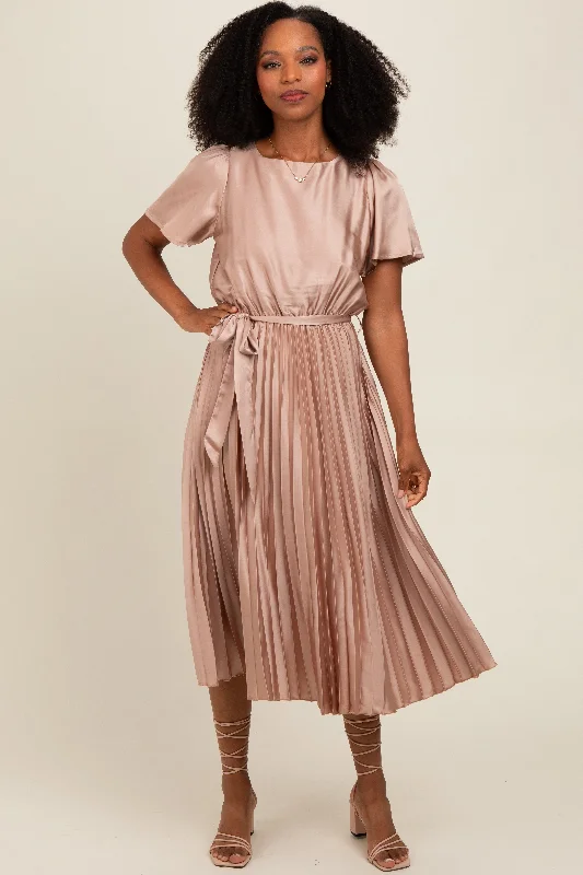 Mocha Satin Pleated Sash Tie Midi Dress Vintage midi dresses