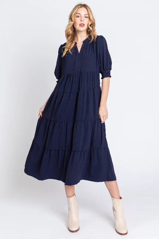 Navy Short Sleeve Tiered Midi Dress Luxury midi dresses