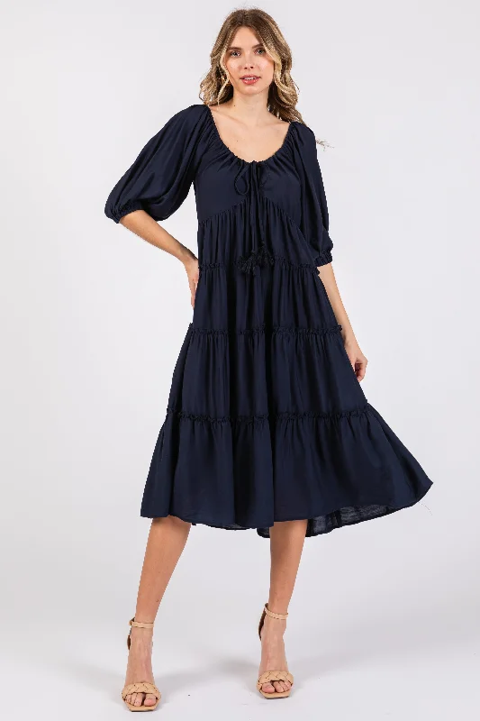 Navy Tiered Midi Dress Smocked midi dresses