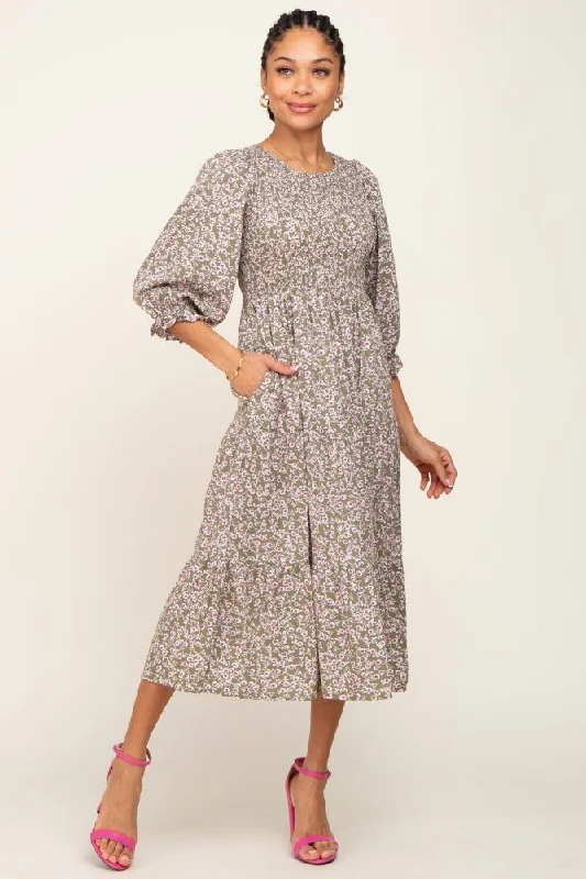 Olive Floral Smocked 3/4 Sleeve Midi Dress Wedding guest midi dresses