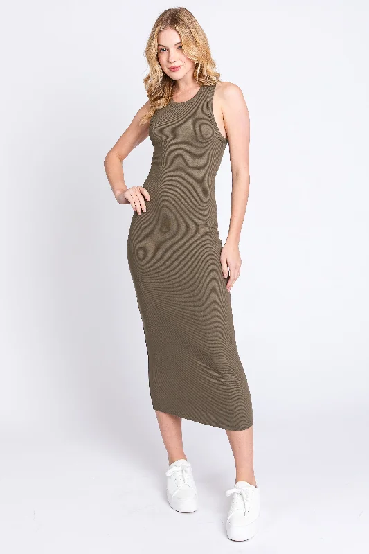 Olive Sleeveless Ribbed Fitted Maternity Midi Dress Discounted midi dresses