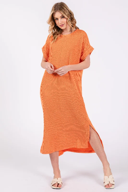 Orange Ribbed Short Sleeve Midi Dress Revolve midi dresses