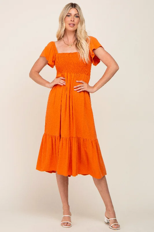 Orange Smocked Ruffle Hem Midi Dress Red carpet midi dresses