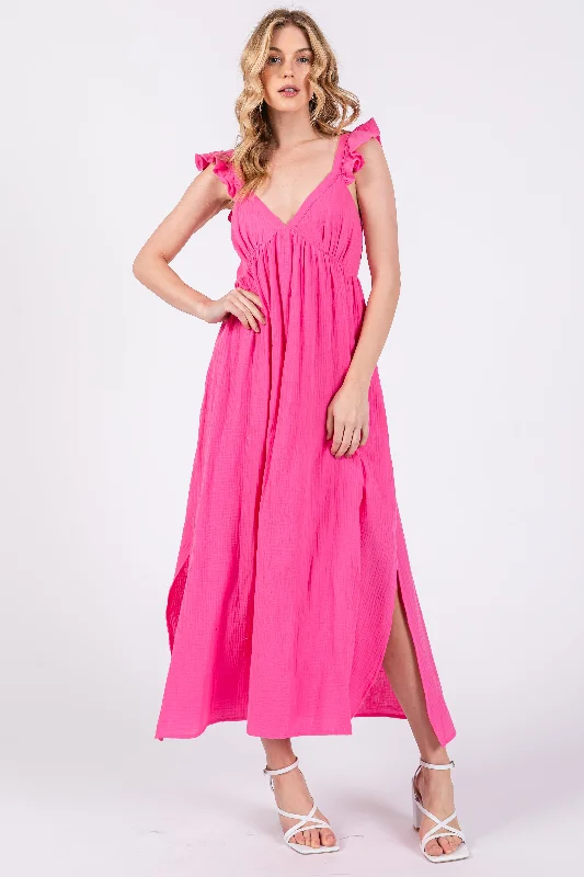 Pink Ruffle Strap Midi Dress Stretchy midi dresses