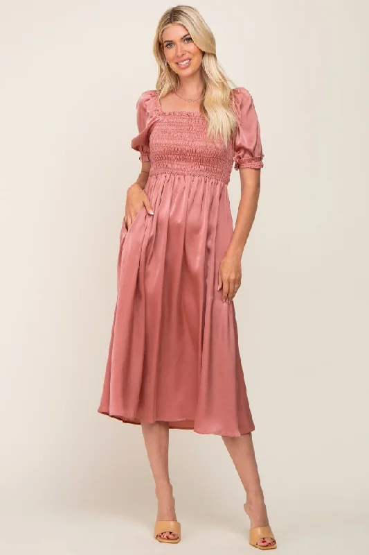 Pink Satin Puff Sleeve Midi Dress Birthday midi dresses