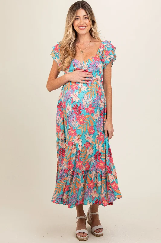 Turquoise Floral Ruffle Sleeve Maternity Midi Dress Boho midi dresses