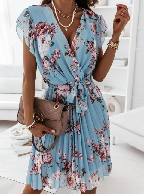 Summer ruffled short sleeve V-neck digital print dress female Cotton floral dresses