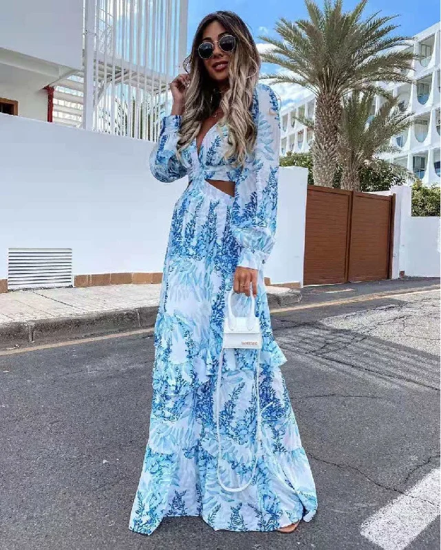 New long sleeve printed hollow long dress in summer Summer floral dresses