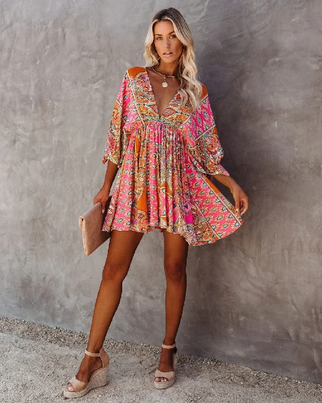 Sexy V-neck waist printed bohemian dress Petite floral dresses