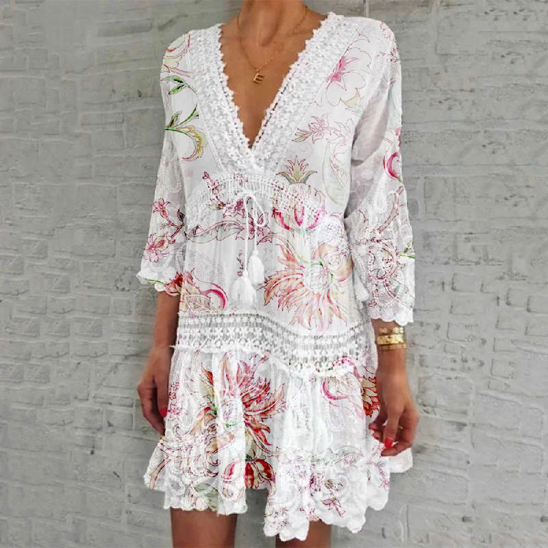 V-neck print seven-sleeve hollow sexy dress Lace floral dresses