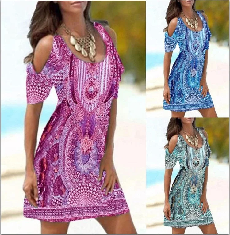 Beach Dress Floral Short Sleeves Round Collar Hollow Short Sleeve Fashion Print Dress 3 Colors Designer floral dresses